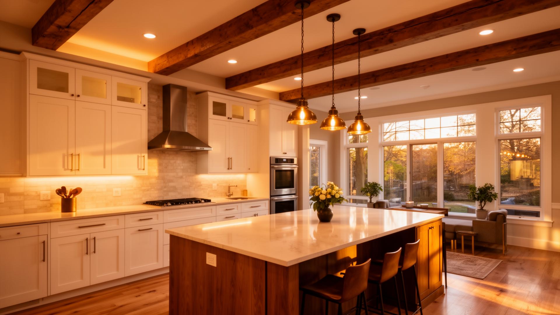 Renovated Chicago kitchen with warm wood beams and pendant lighting